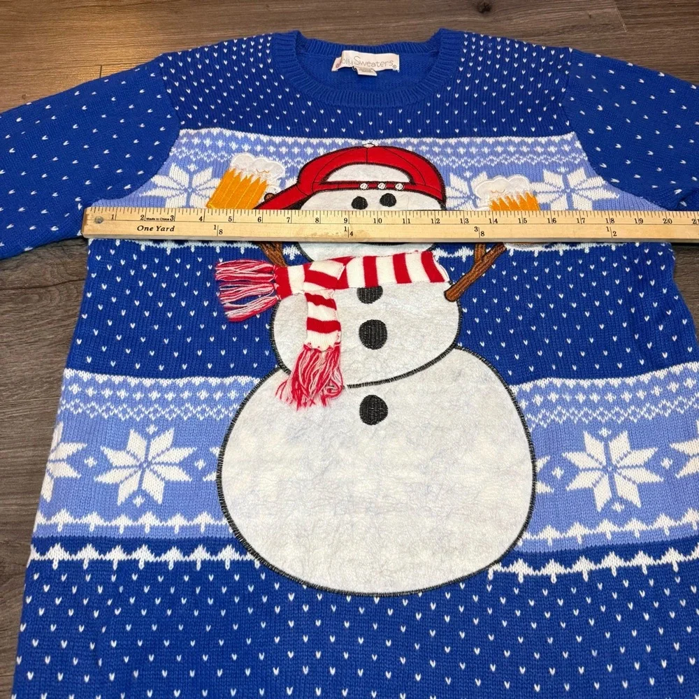 Jolly Sweaters Christmas sweater - Blue Snowman cheering with beers size Medium